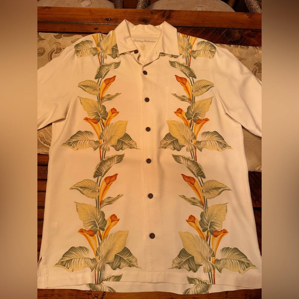 Tommy Bahama Cream Shirt with Orange and Green Floral Design